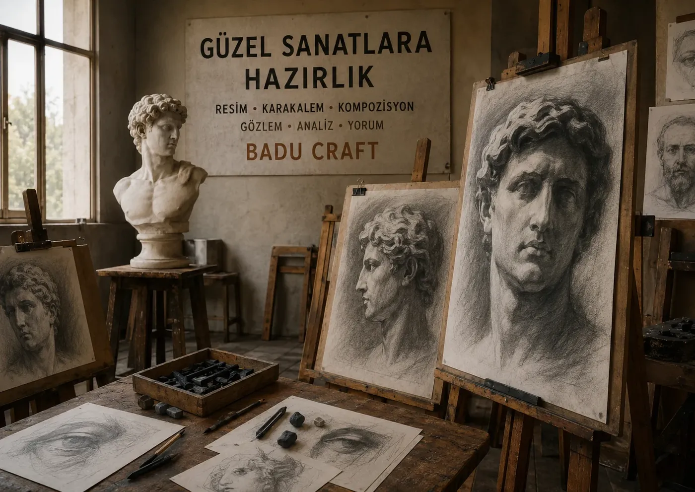 Güzel Sanatlara Hazırlık, karakalem çalışmaları — BADU CRAFT STUDIO Silivri