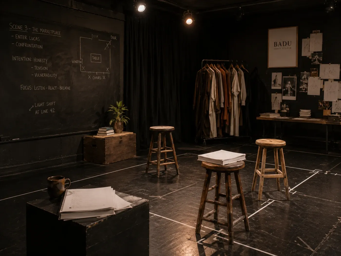 Sahne atölyesi, prova düzeni ve kostüm rafı — BADU CRAFT STUDIO Silivri