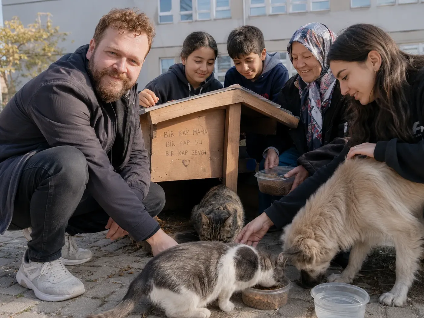 Sokak hayvanları için yapılan mama kulübesi ve gönüllüler